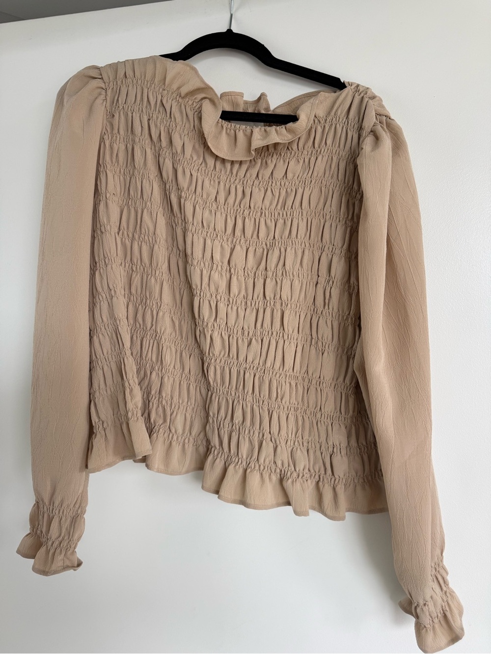H&M Smocked Long-Sleeve Ruffle Neck Top - Beige